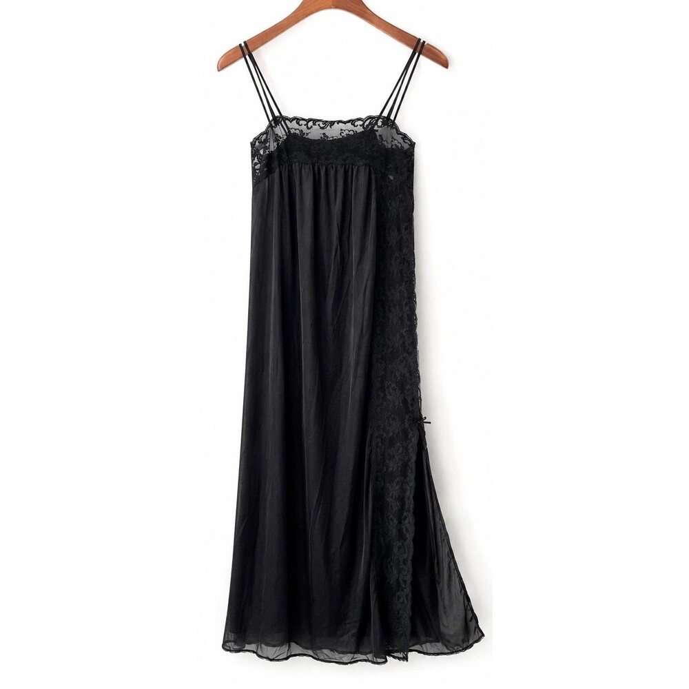Vintage Lorraine Black Lace Nightgown Fairycore Sheer Nylon Slip Dress Made USA